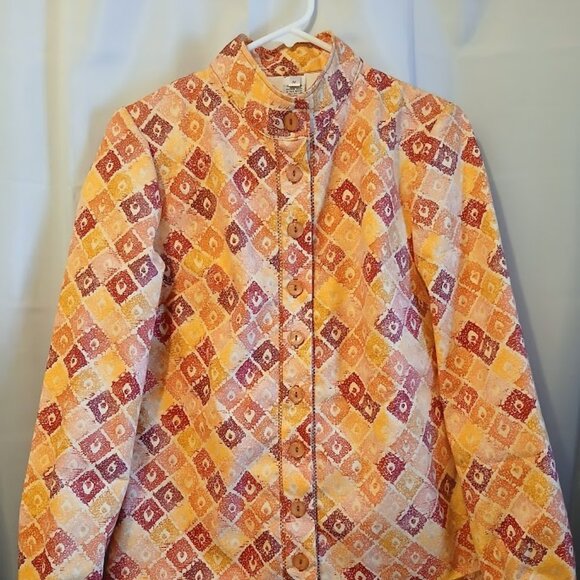 Nwt Mock neck Button up Dress Shirt womens M Mustard Peach Magenta geometric LS - Picture 2 of 10